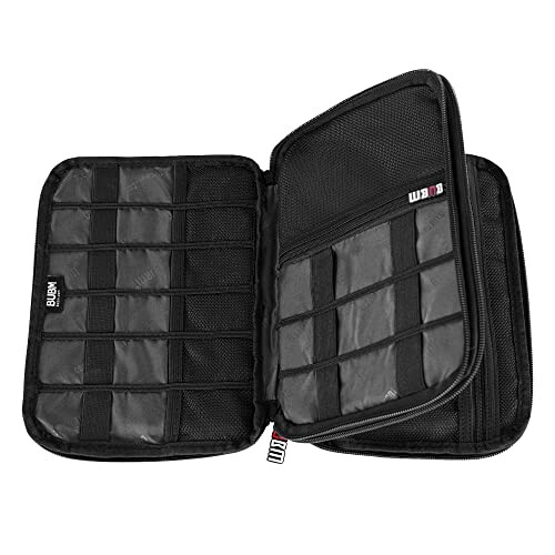 Black electronics accessories organizer with multiple pockets and elastic loops.