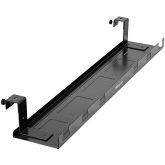 Black metal cable management tray with mounting brackets.