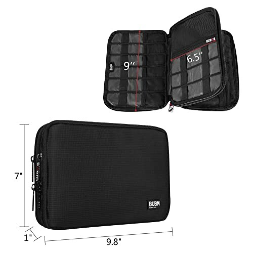 Black BUBM electronic organizer case with dimensions.