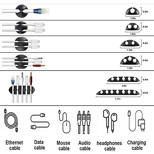 Various cable management clips with dimensions and cable types illustrated.