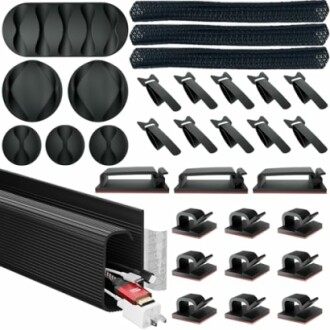 Cable management kit with clips and sleeves.