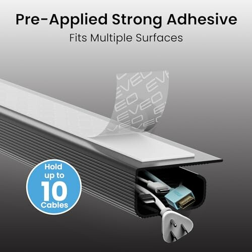 Cable management sleeve with adhesive, holds up to 10 cables.