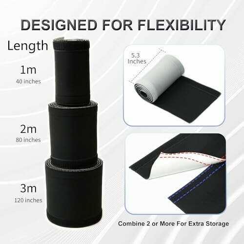 Three black cable management sleeves of varying lengths stacked vertically, showcasing flexibility and extra storage options.