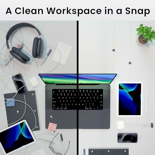 Before and after of a tidy workspace with electronics and plants.