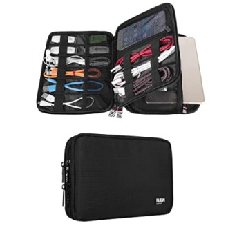 Electronic accessory organizer with multiple compartments for cables and gadgets.
