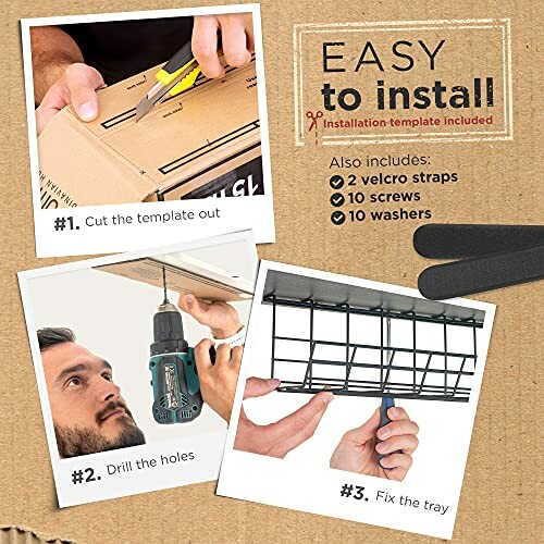 Installation steps for a cable tray with cutting, drilling, and fixing instructions.