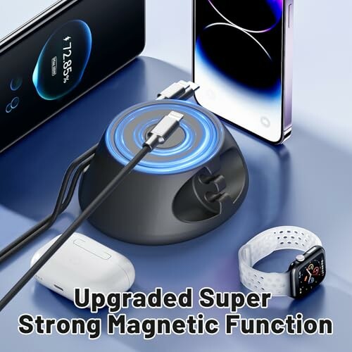 Magnetic wireless charger with electronic devices.